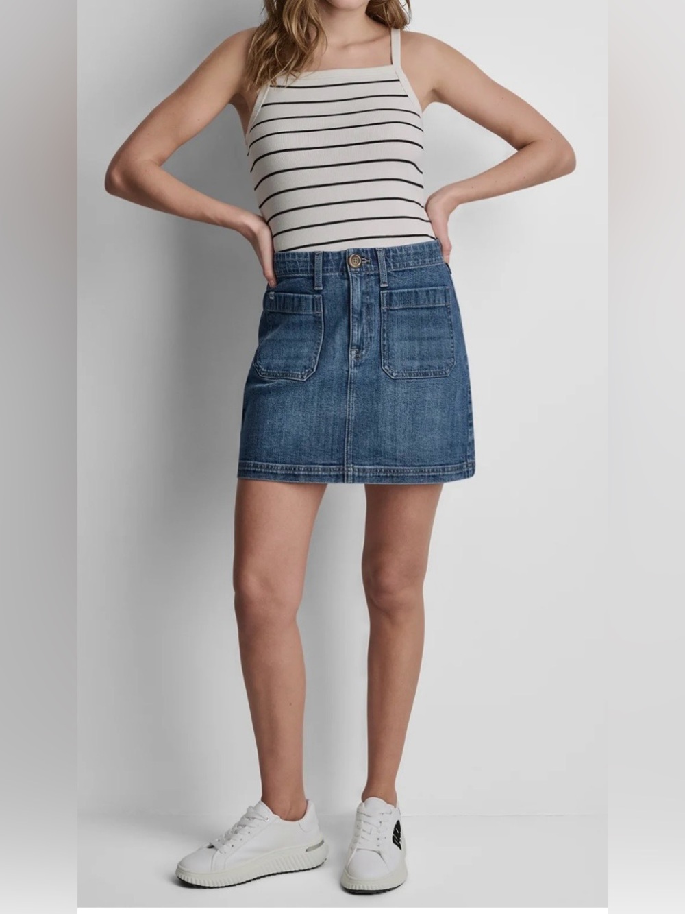 DKNY High Rise Blue Denim Mini Skirt with Patch Pockets